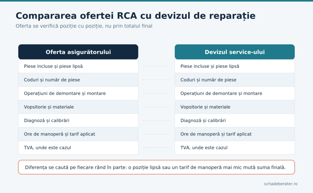 Oferta de despăgubire RCA comparată cu devizul de reparație