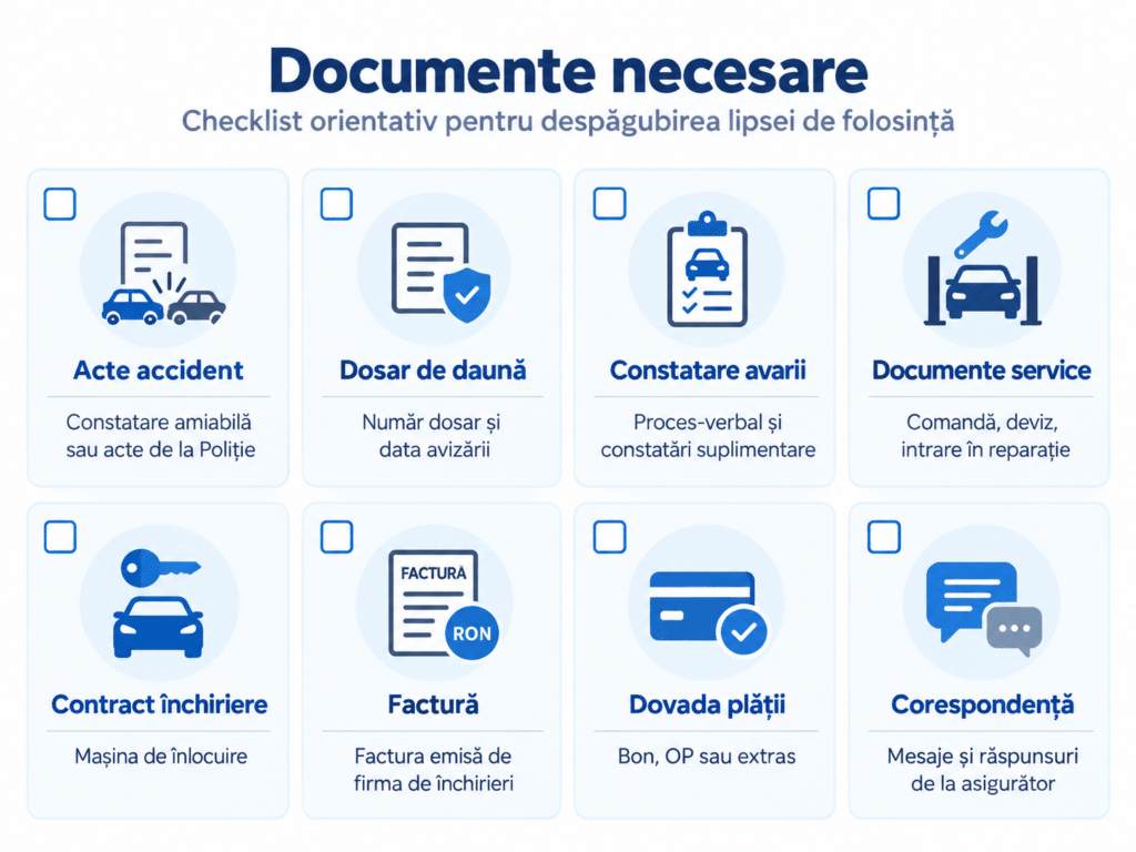 Despăgubiri pentru lipsa de folosință a mașinii: când și cum le poți cere 2 Checklist cu documentele necesare pentru despăgubirea lipsei de folosință auto