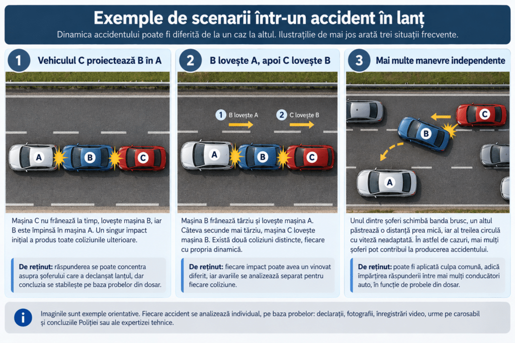 Scheme cu dinamici posibile într-un accident în lanț cu trei mașini, văzute de sus