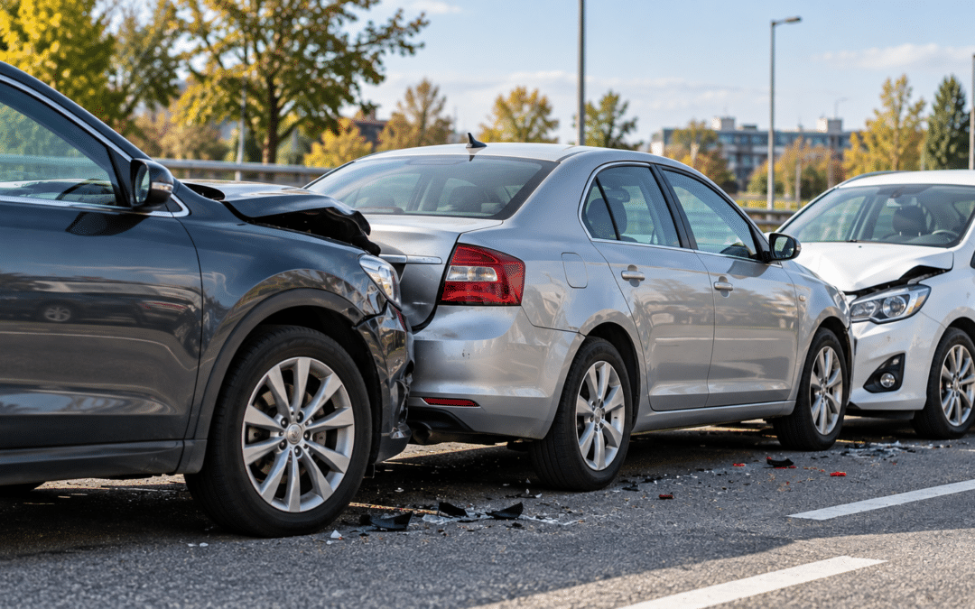 Accident în lanț cu trei autoturisme oprite unul în spatele celuilalt după impact