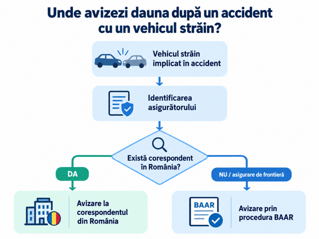 Schemă despre unde deschizi dosarul după un accident cu mașină străină în România